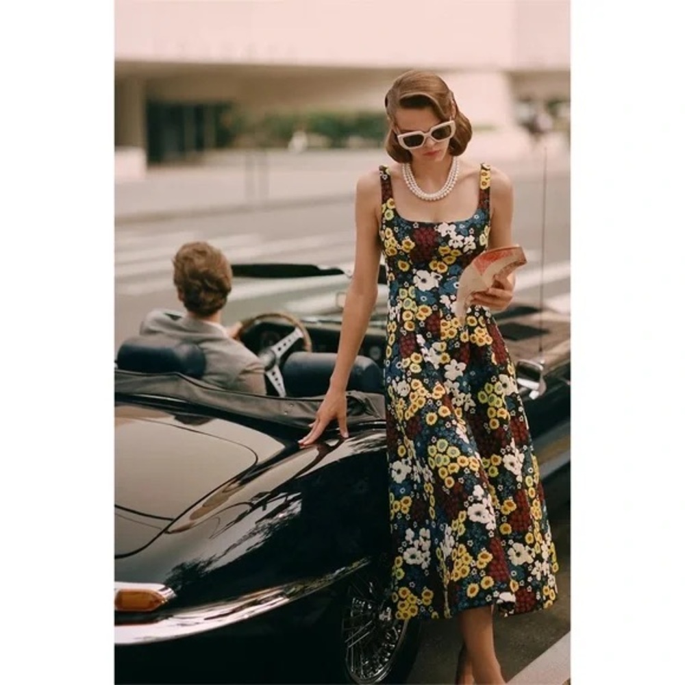 Maeve Anthropologie Marigold Floral Print Jacquard Fit and Flare Midi Dress